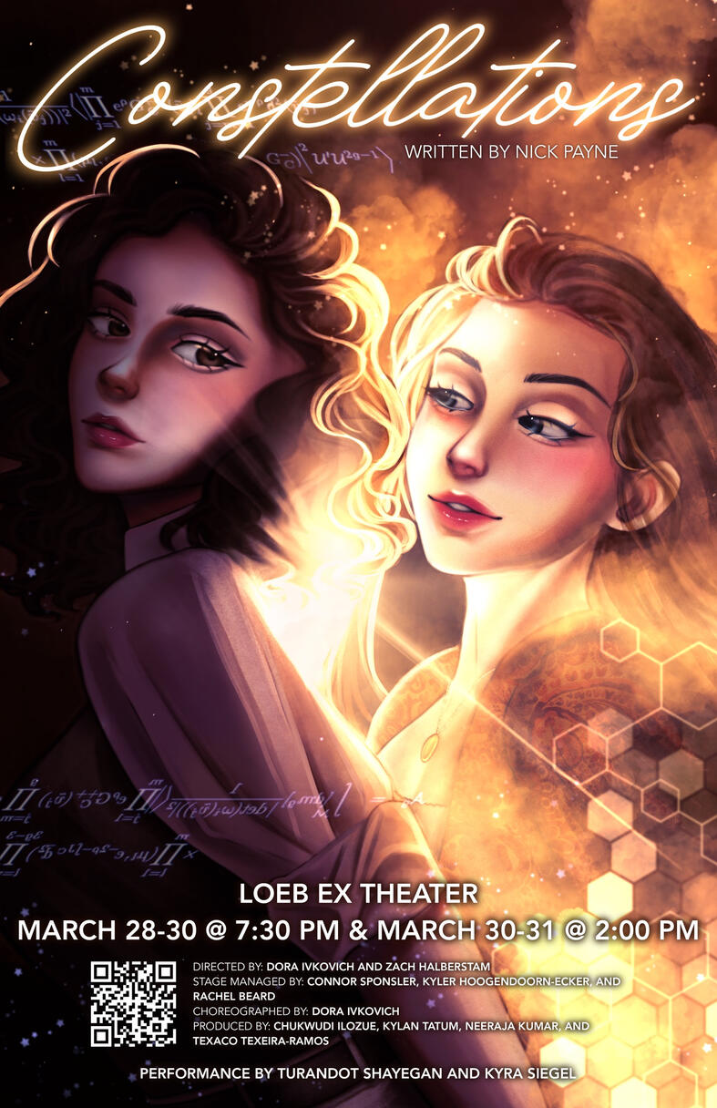 Two women, one’s back close to the other’s front, looking longingly at each other with a glowing light between them. The woman on the left is surrounded by physics equations, the woman on the right is surrounded by honeycomb shapes.